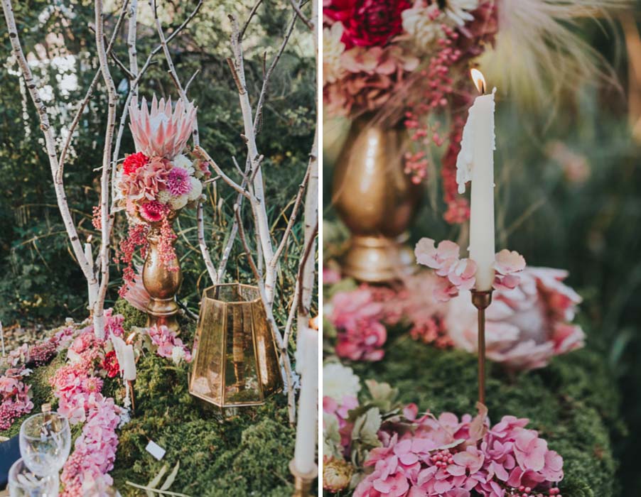 inspiration-mariage-vintage-nature-mousse-rose-vert-or-protea-décoration de table
