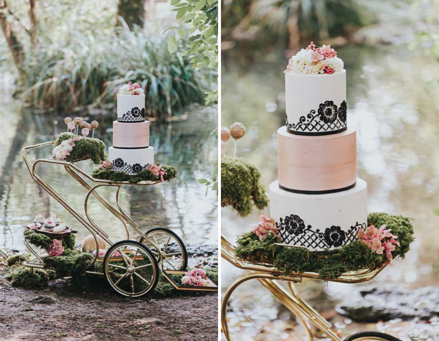 Inspiration-vintage-nature-mousse-rose-or-noir-blanc-gateau-de-mariage