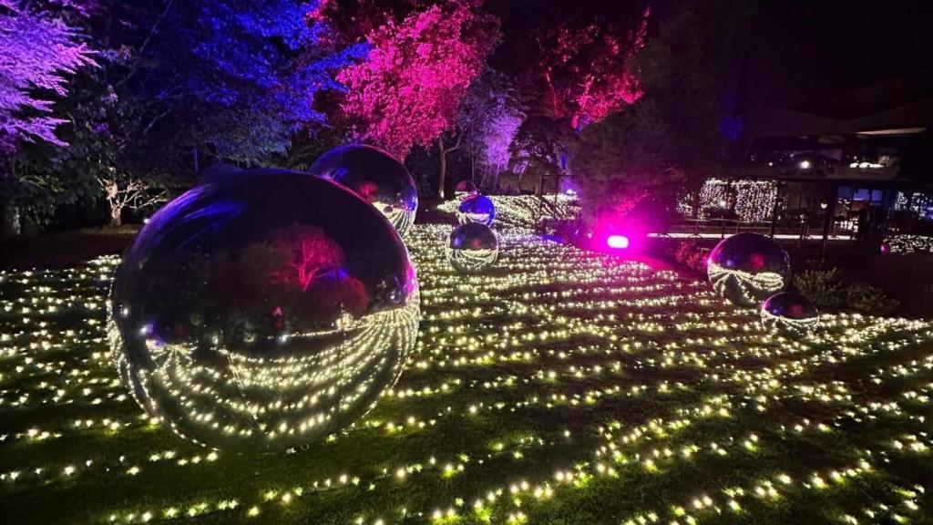 Les jardins de Finca Montesqueiro décorés de milliers de lumières LED et de boules géantes