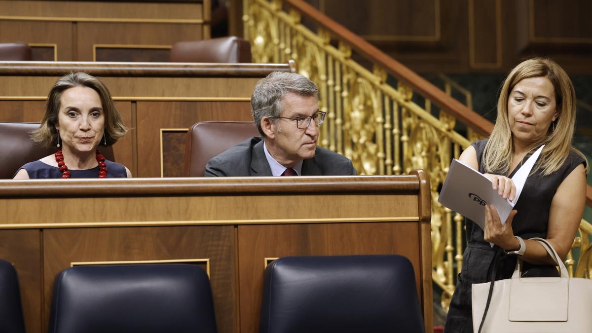 El líder del PP, Alberto Núñez Feijóo junto a la diputada Cuca Gamarra (i) y la diputada Ana Alós, que coordina inmigración en el PP, en el pleno.