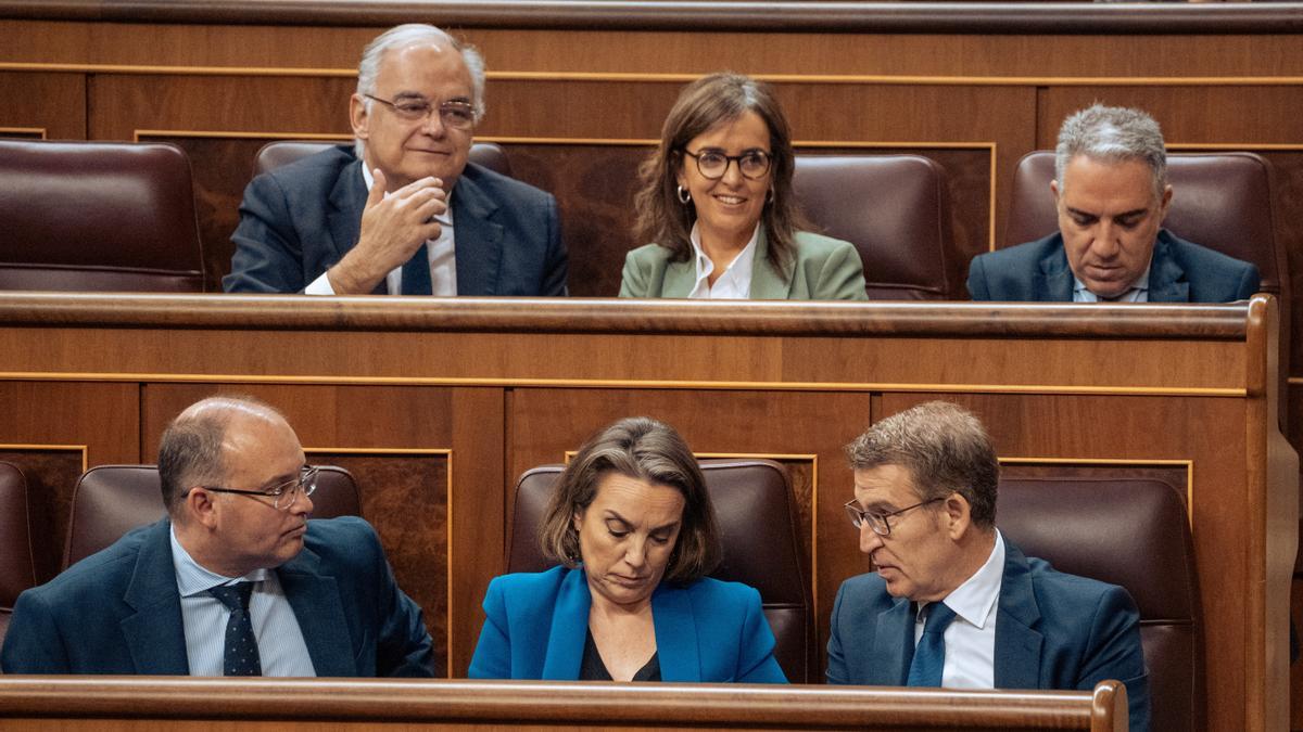 Alberto Núñez Feijóo habla con Cuca Gamarra y Miguel Tellado desde su escaño en el Congreso.