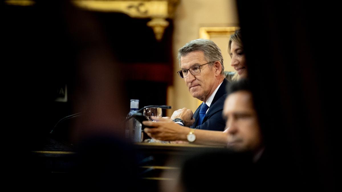 El presidente del Partido Popular, Alberto Núñez Feijóo, durante una reunión de los grupos parlamentarios del partido en el Senado.