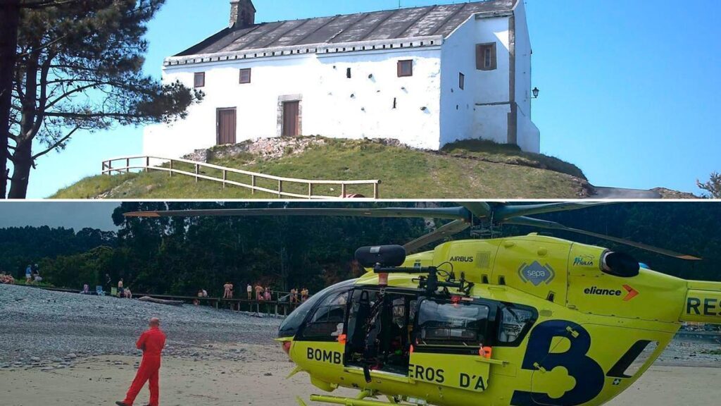 Arriba, la capilla de Santa Ana, en San Juan de Piñera (Cudillero). Abajo, el helicóptero de Bomberos, durante la intervención en la Concha de Artedo.