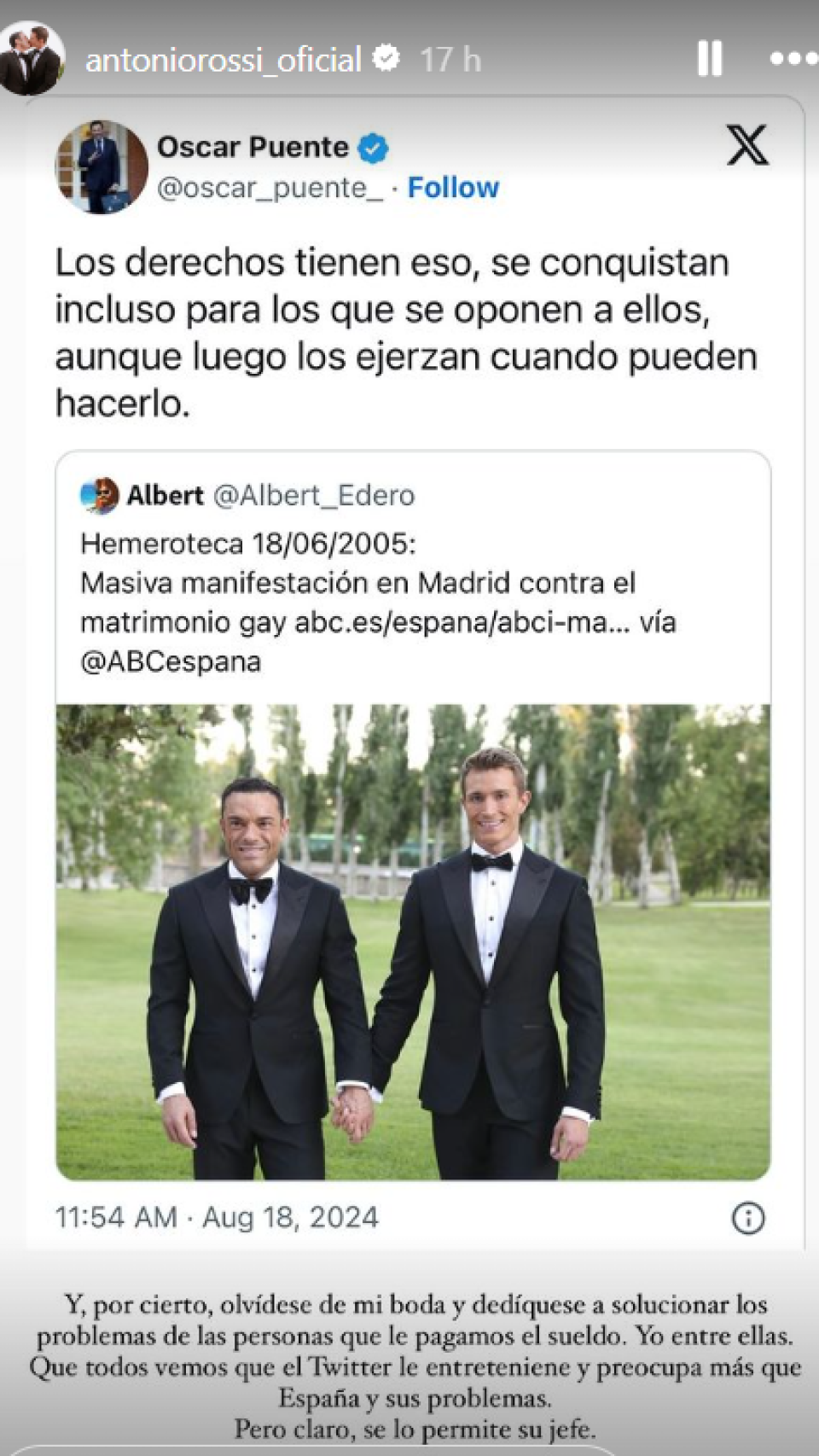 L'une des deux histoires qu'Antonio Rossi a publiées sur son Instagram.