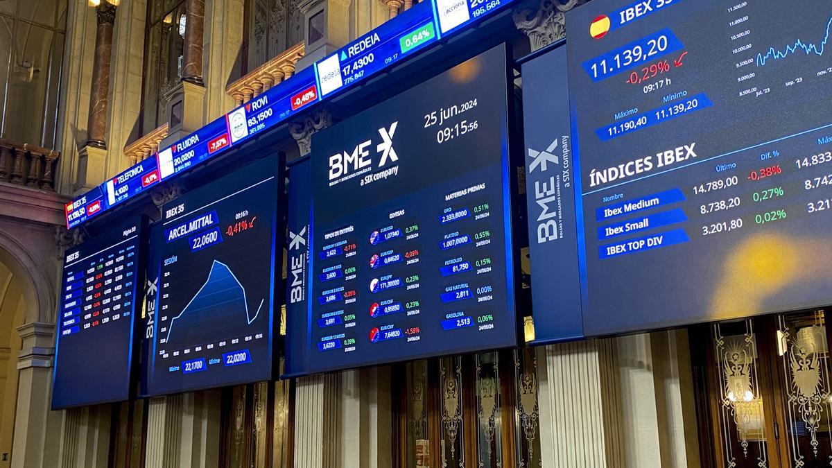 Paneles del Ibex 35 en el Palacio de la Bolsa, en Madrid.