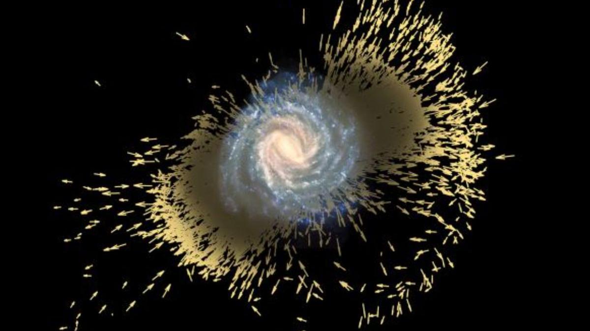 Simulación de la fusión entre Gaia-Encelado y la Vía Láctea: los restos de esta fusión se encuentran por toda nuestra galaxia.