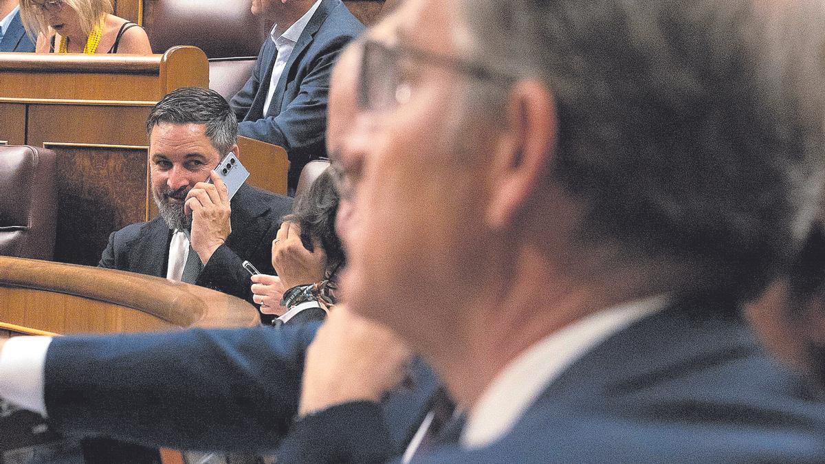 El líder de Vox habla por teléfono en un pleno del Congreso. En primer plano, Alberto Núñez Feijóo en su escaño.