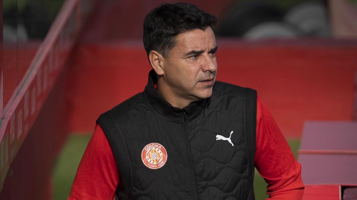 Míchel, el entrenador del Girona, en el último entrenamiento antes de recibir al Madrid en Montilivi