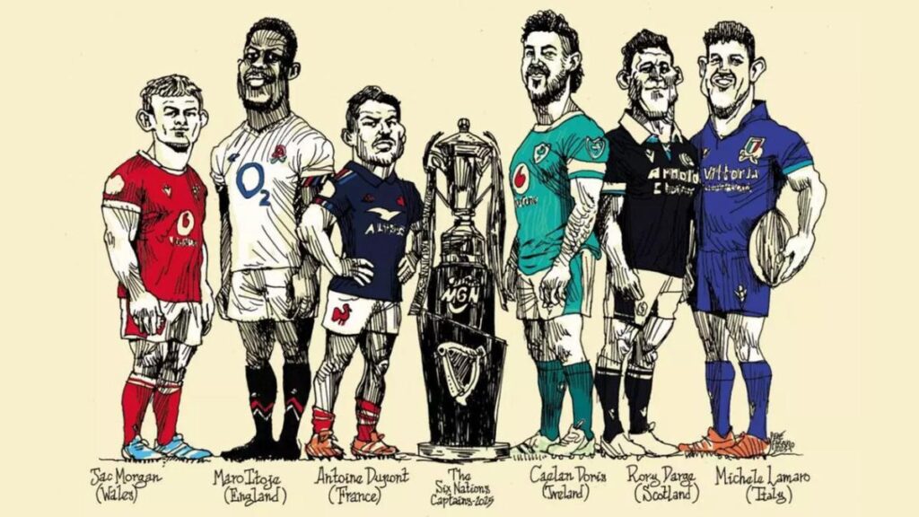Ilustración de Pepe Farruqo, de los capitanes del Seis Naciones 2025 posando con el trofeo.