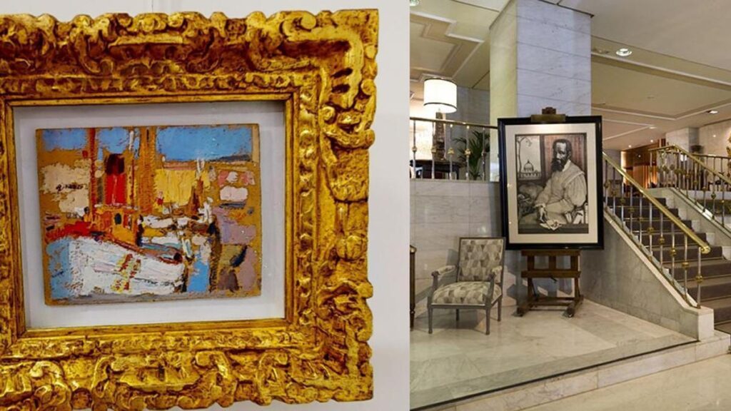 Una imagen del cuadro robado y de la recepción del hotel Miguel Ángel de Madrid.