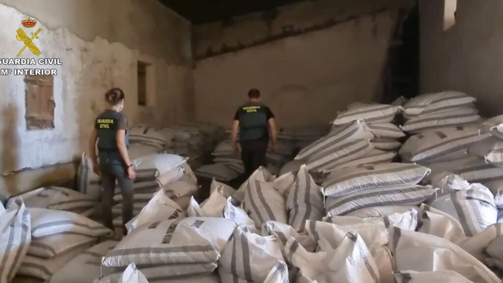 Agentes de la Guardia Civil inspeccionan sacos de plástico con cocaína importada por una organización valenciana en 2022.