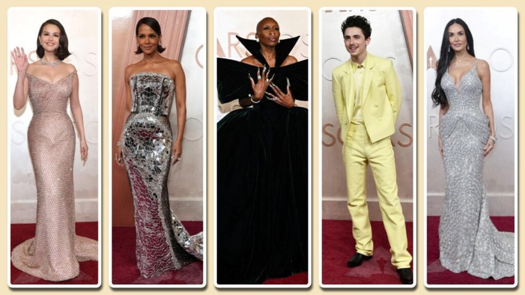 Algunos de los vestidos más admirados de los Oscar 2025: de izquierda a derecha, Selena Gomez, Halle Berry, Cynthia Erivo, Timothée Chalamet y Demi Moore.