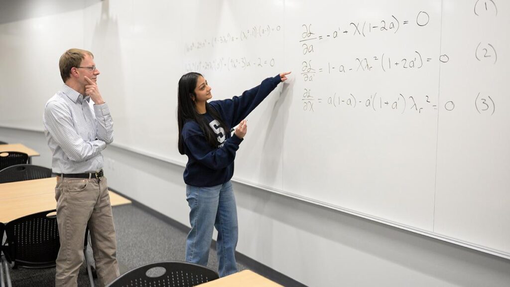 Divya Tyagi muestra su trabajo sobre un problema matemático de hace un siglo a Sven Schmitz, miembro de la facultad de la Facultad de Ingeniería y asesor de Tyagi.