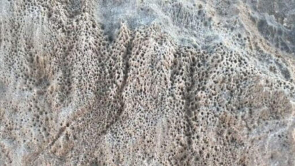 Un afloramiento en Namibia que muestra el mármol penetrado por microorganismos.