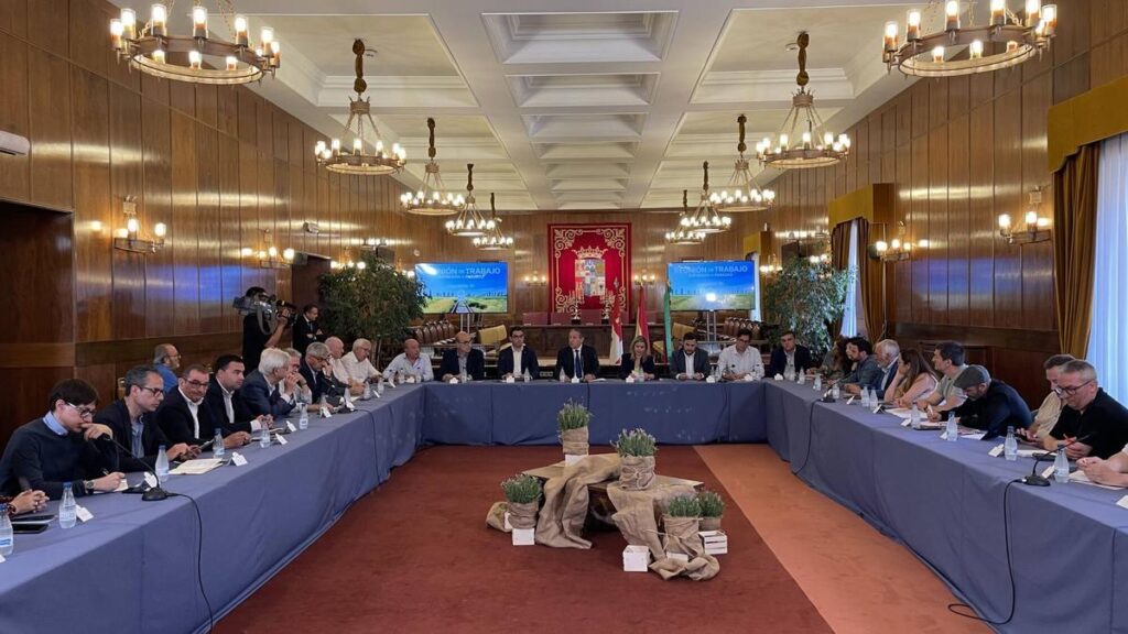 Reunión de agentes políticos y sociales en la Diputación contra la supresión de paradas del tren.