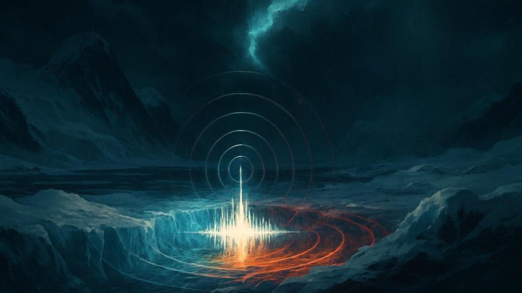 Representación artística de las misteriosas señales de radio procedentes del hielo antáritico.
