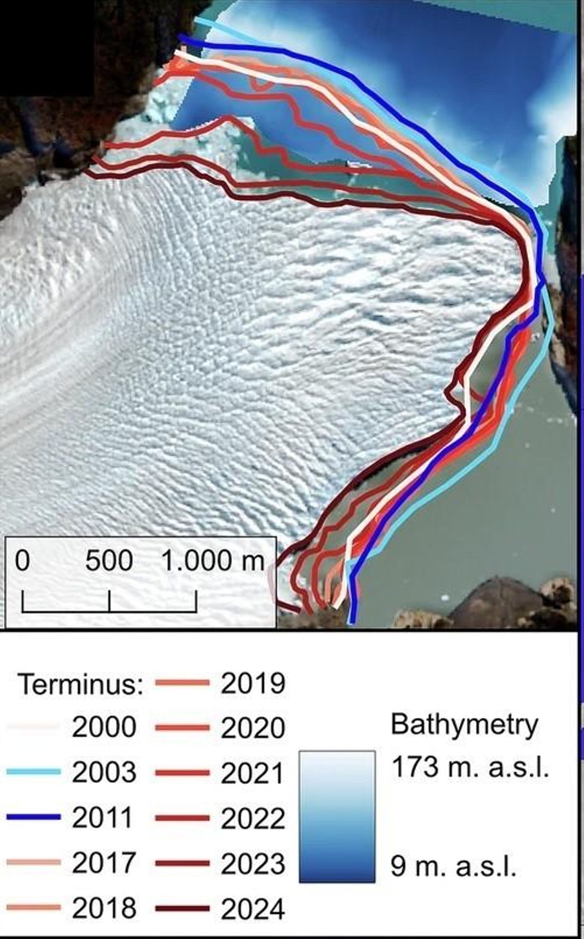 En lignes colorées, le recul progressif du front du glacier
