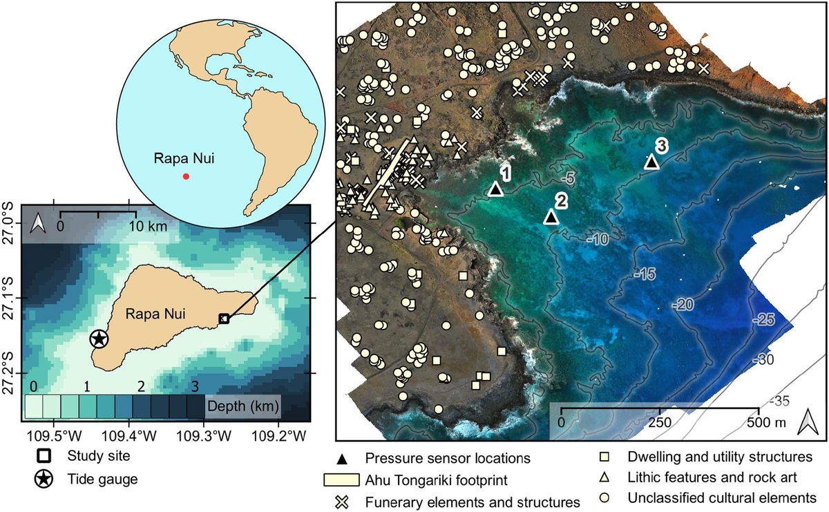 Section côtière avec l'emplacement des restes autochtones sur l'île de Pâques