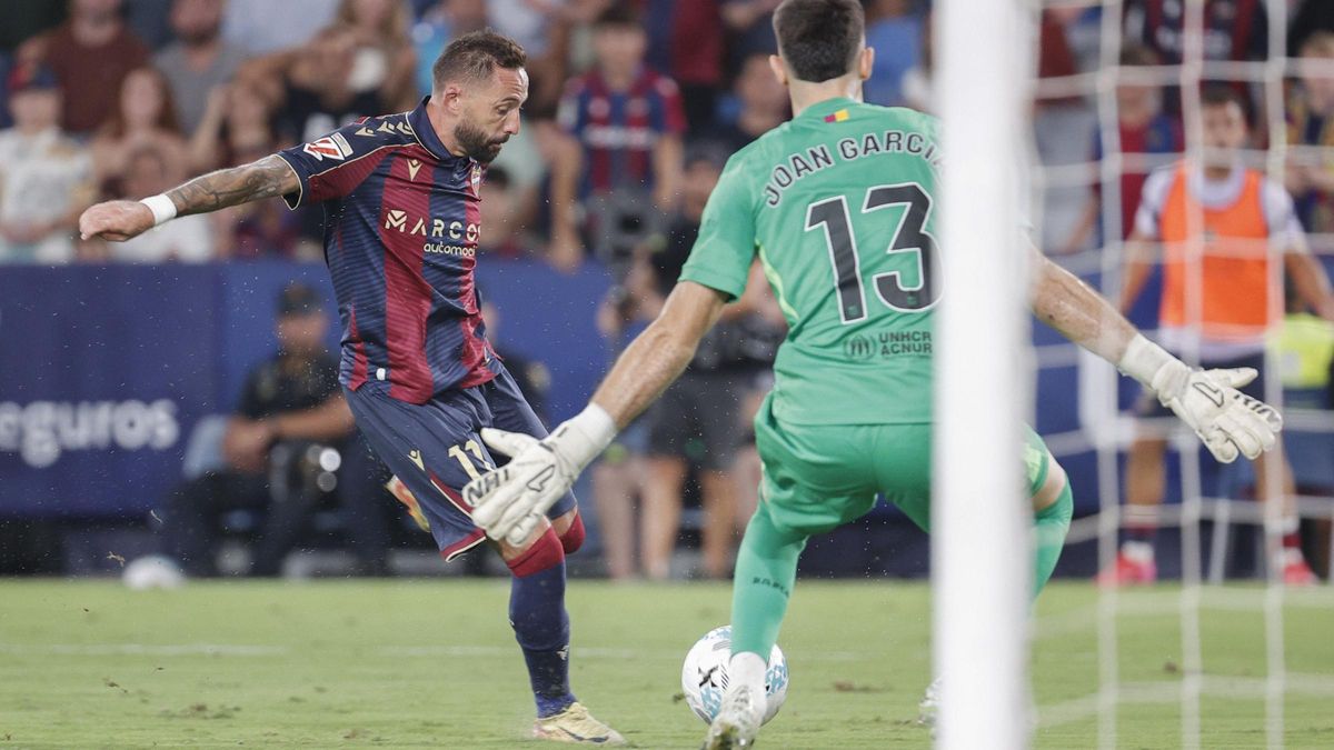 Le Tir de Morales, l'attaquant de Levante, Rencontre le Corps de Joan Garcia, Le Gardien de mais de l'Espanyol.