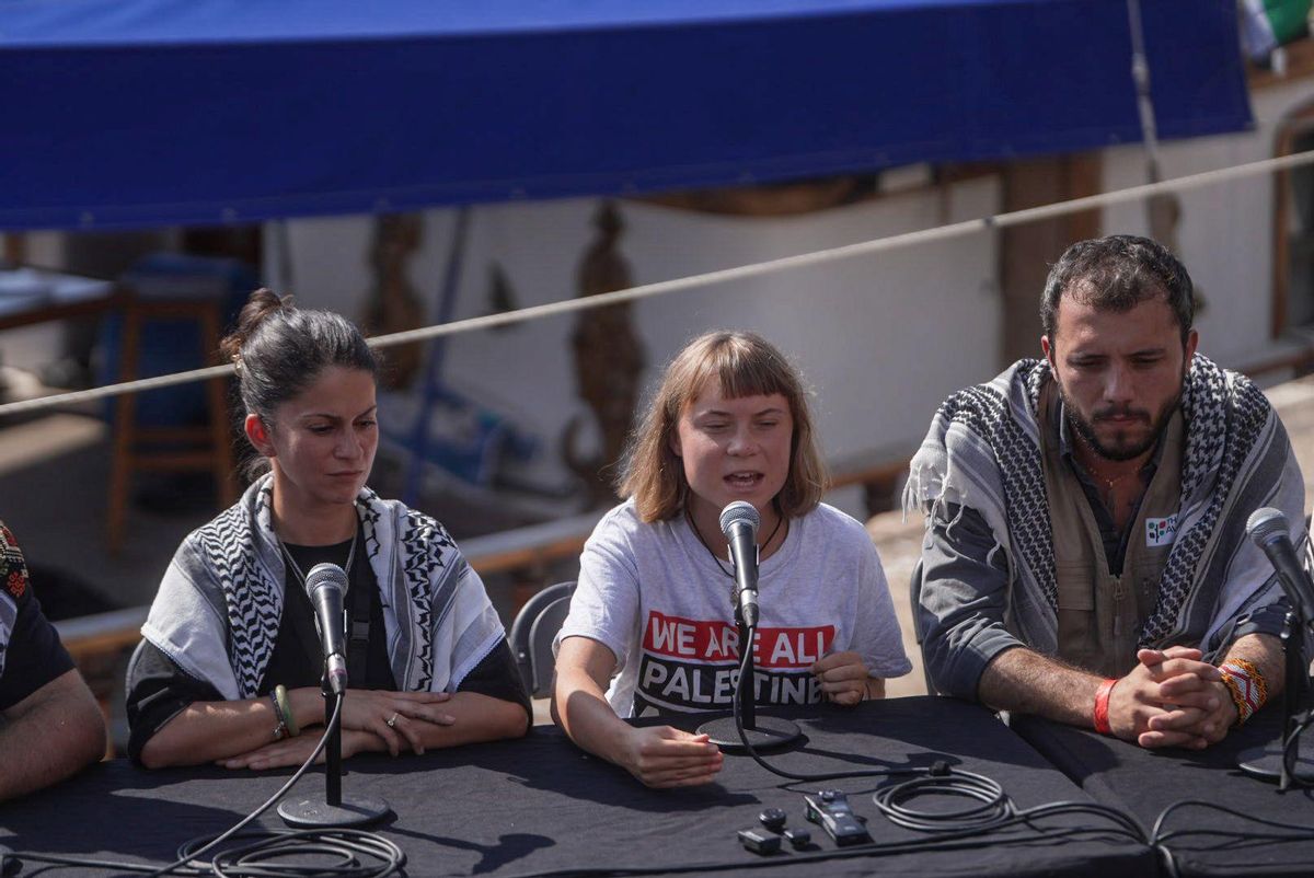 L'activiste suédoise Greta Thunberg lors de la conférence de presse de la Flotre mondiale de Sumud