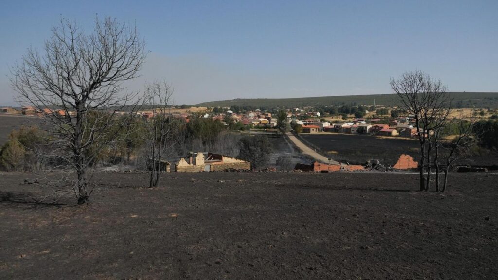 Al fondo, la localidad de Abejera en la que el fuego ha calcinado sus alrededores.