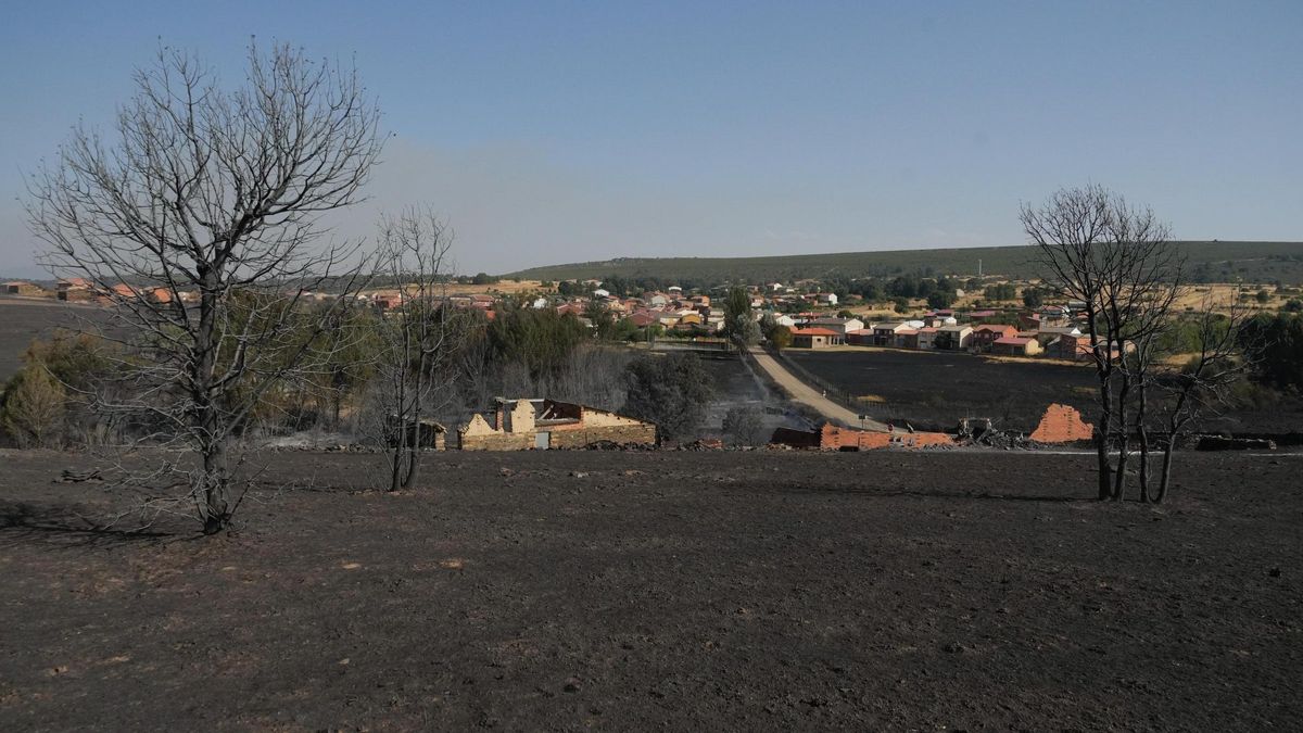 Al fondo, la localidad de Abejera en la que el fuego ha calcinado sus alrededores.