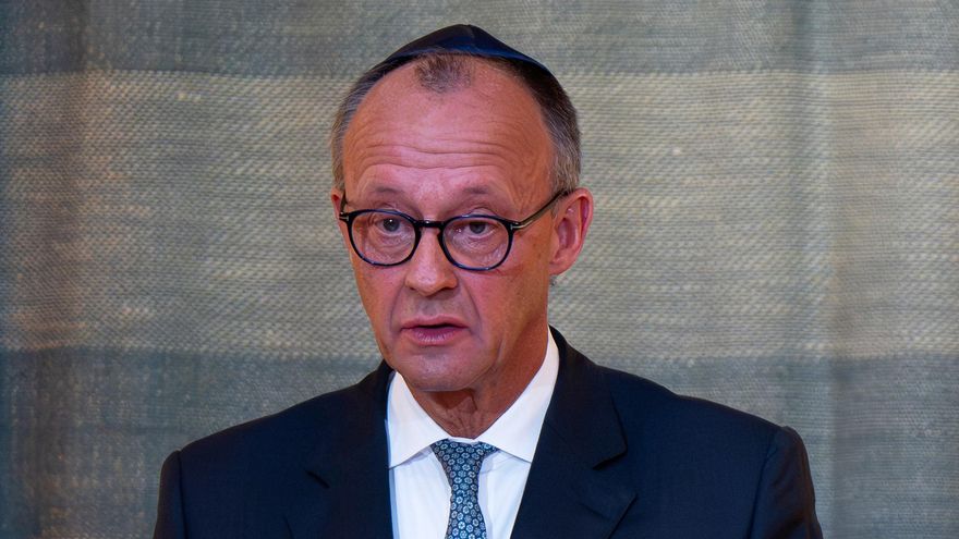 El canciller alemán, Friedrich Merz, durante una ceremonia para celebrar la restauración de la sinagoga de Múnich, el pasado lunes.