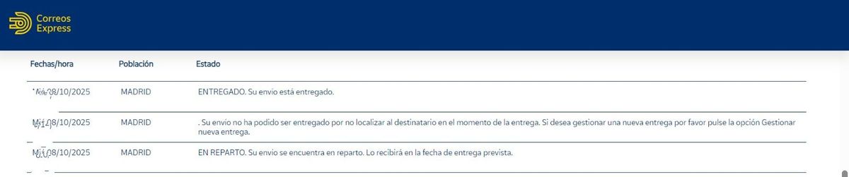Capture d'écran de suivi d'un colis Correos Express où le coursier communique que le destinataire n'était pas chez lui pour éviter une pénalité.