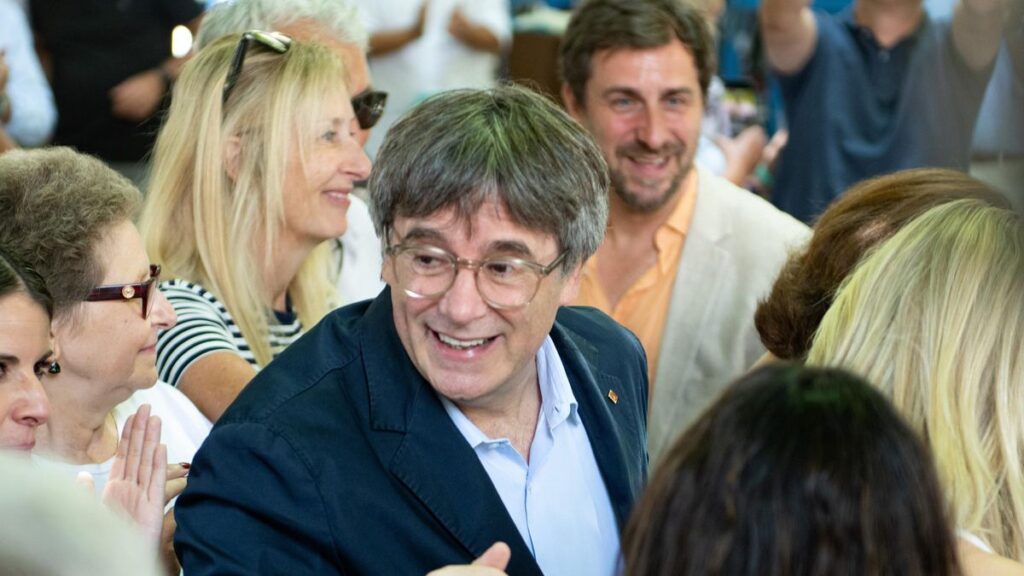 El presidente de Junts, Carles Puigdemont, durante la celebración del V aniversario de Junts.