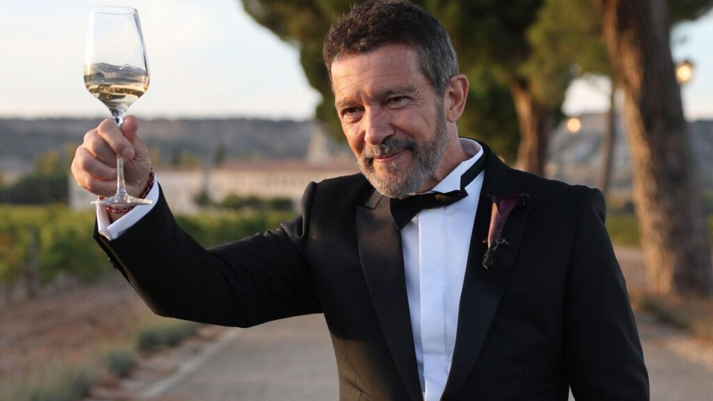 Antonio Banderas brinda tras la celebración de la boda de su hija, Stella del Carmen.