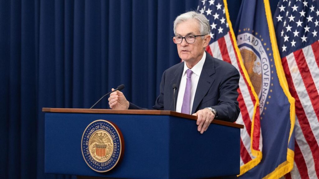 El presidente de la Reserva Federal de Estados Unidos (Fed), Jerome Powell, durante una de las ruedas de prensa posteriores a las reuniones que fijan los tipos de interés.