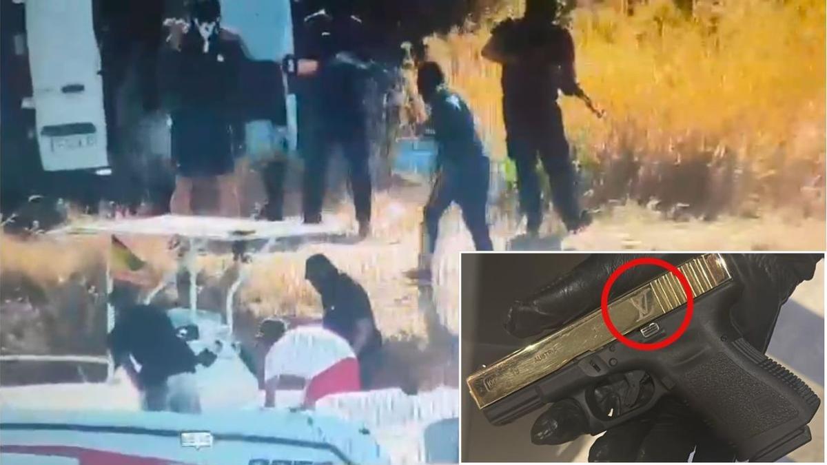 Narcos encapuchados y armados vigilan una descarga de droga en el río Guadiana. A la derecha, pistola Glock de un narco con el anagrama de Louis Vuitton.