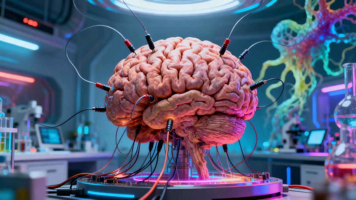 Representación artística de una biocomputadora compuesta por células cerebrales humanas conectadas a electrodos en un laboratorio futurista. La imagen simboliza la convergencia entre biología y computación en la frontera de la inteligencia artificial.
