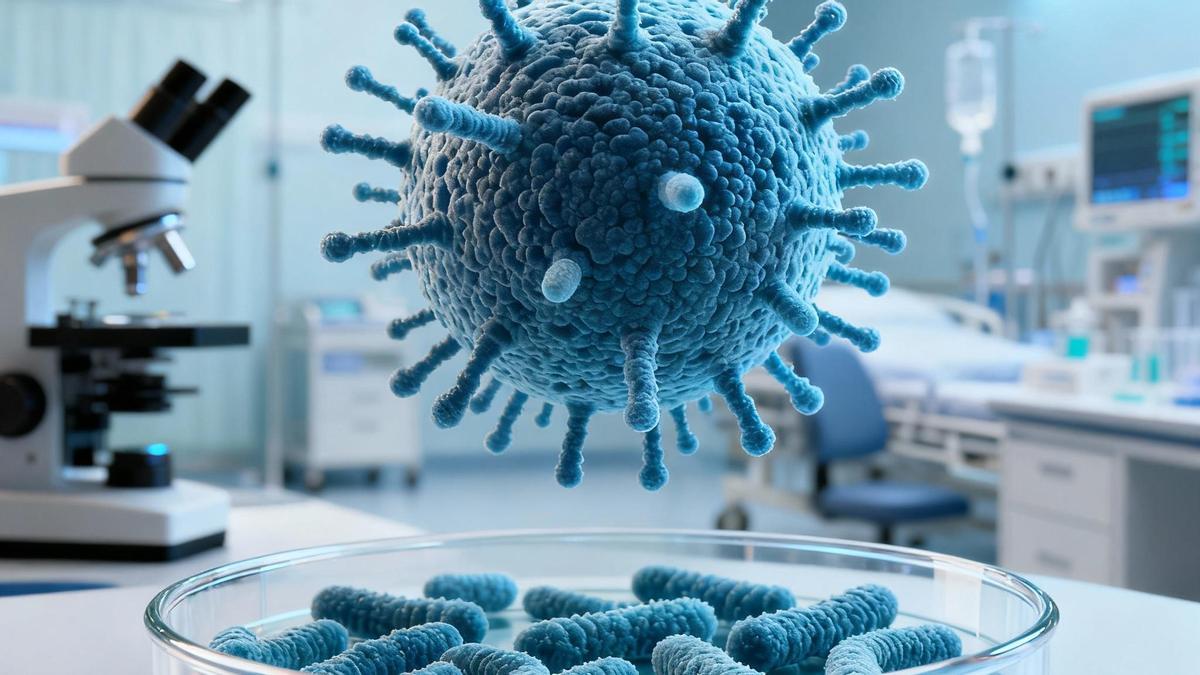 Recreación artística de superbacterias observadas en laboratorio clínico, símbolo de la amenaza creciente de la resistencia a los antibióticos.