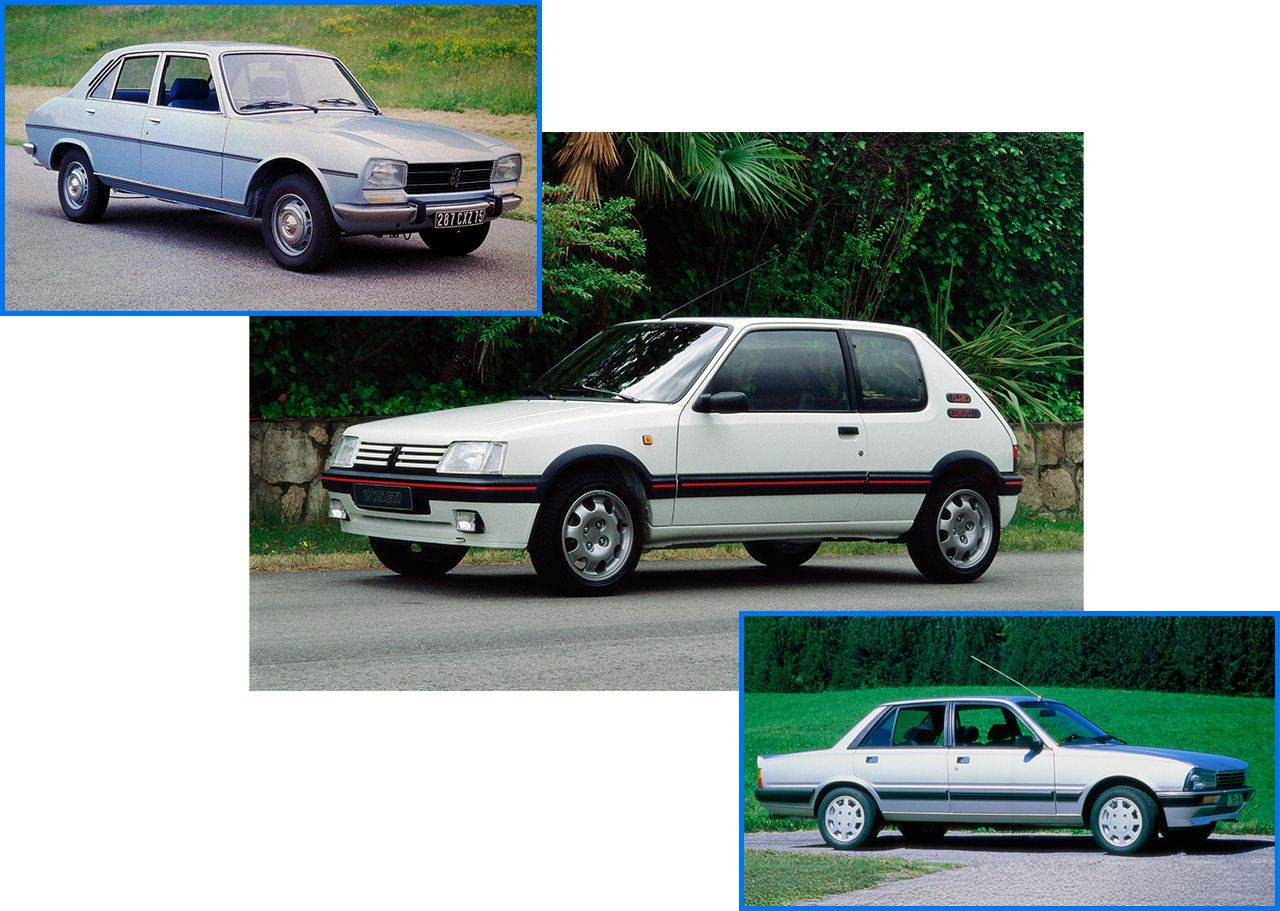 De haut en bas : Peugeot 405, Peugeot 205, Peugeot 505.