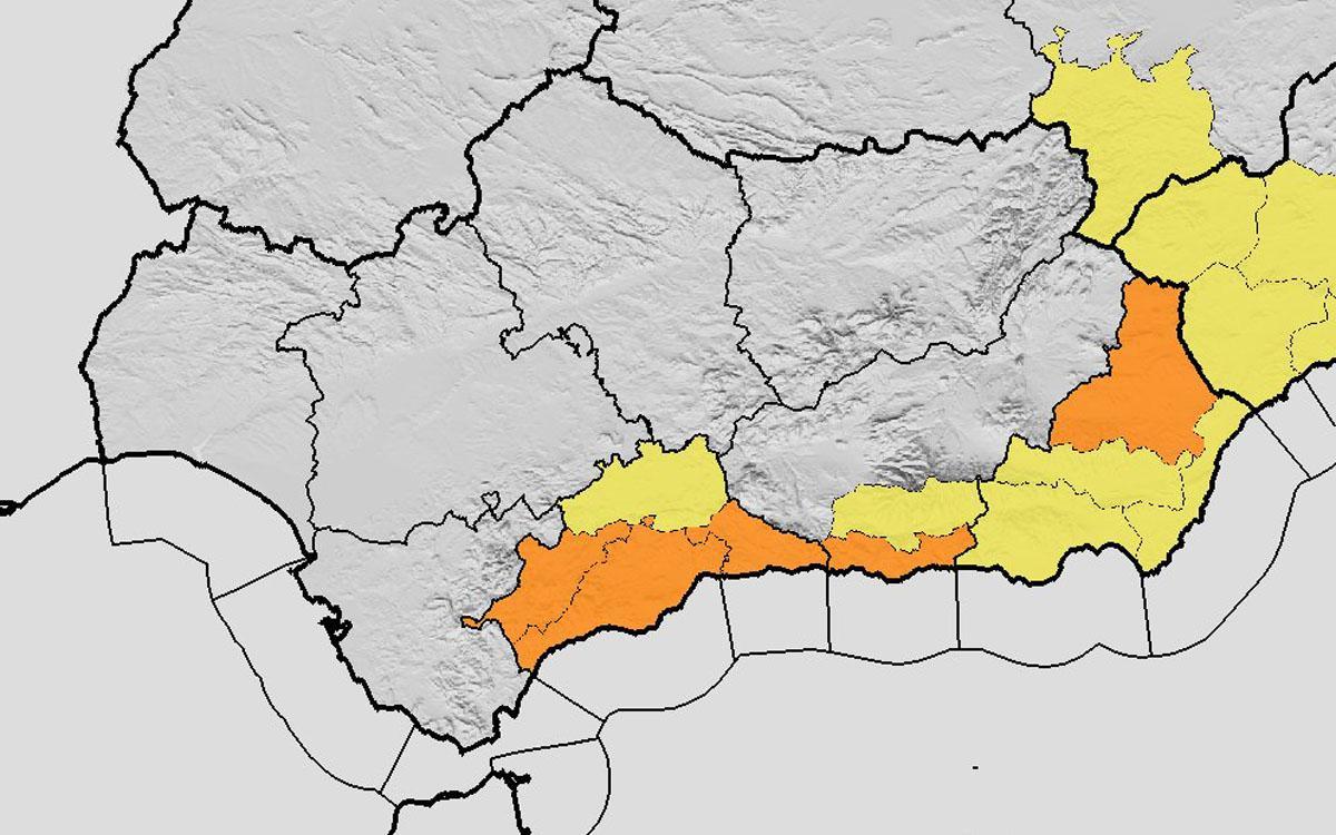Carte Aemet montrant l'alerte orange activée à Malaga