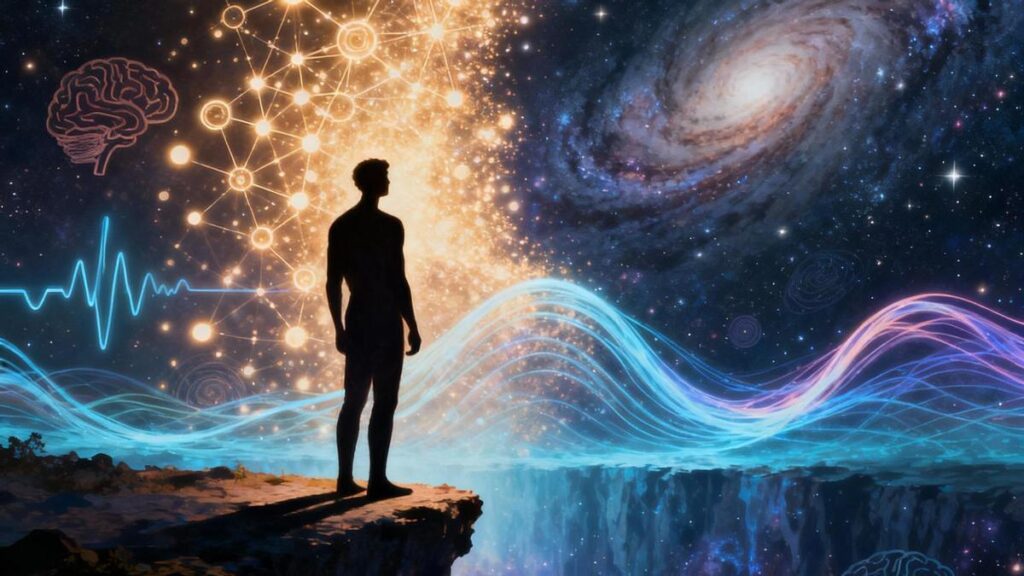 Metáfora visual sobre la posibilidad de que la muerte sea el momento en que nuestra consciencia personal se expande y se reúne con la energía fundamental del cosmos.