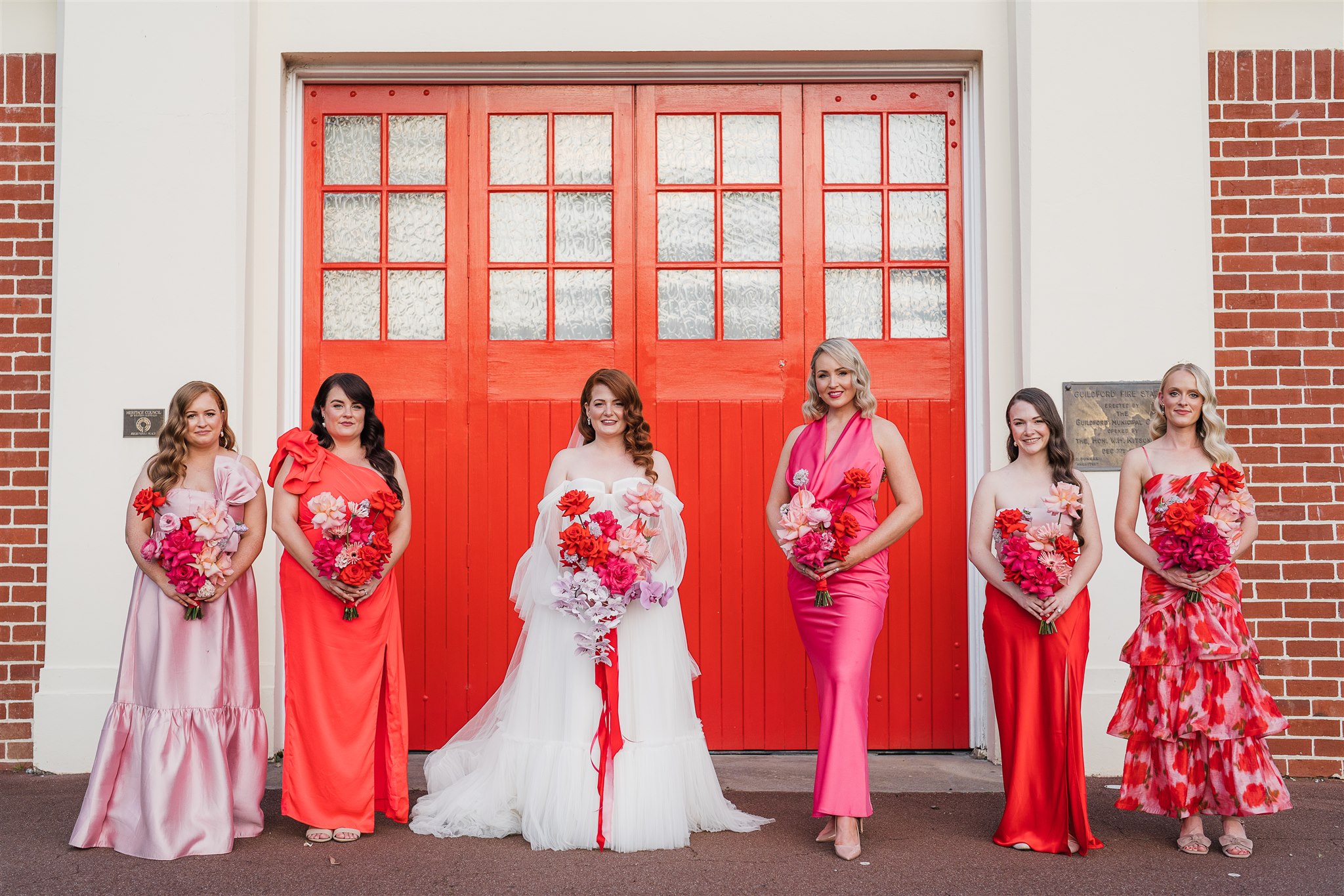 pink and red bridesmaids dresses